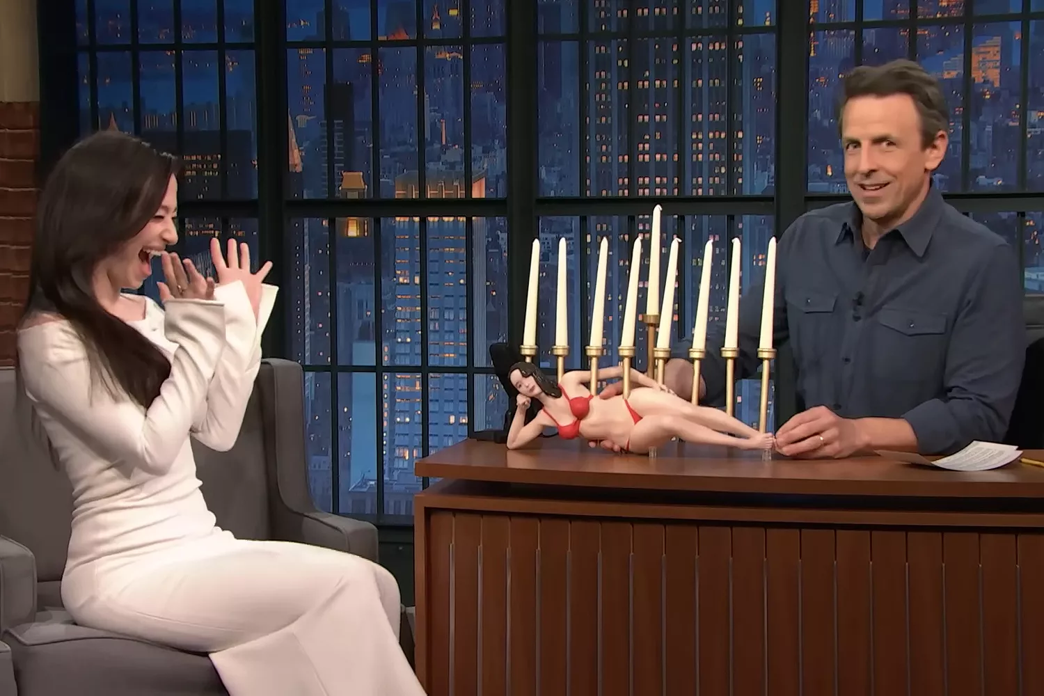 Mikey Madison reacts to the viral Anora menorah on Late Night with Seth Meyers